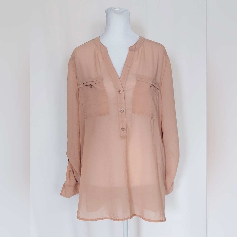 Apt. 9 Semi Sheer 3/4 Length Roll Tab Sleeve Top Blouse Tan Size Medium